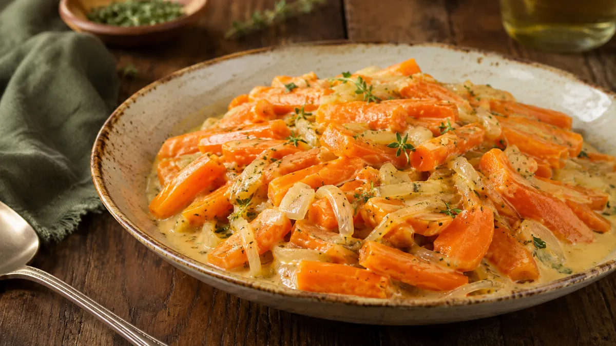 Нежная, словно шёлк: морковь, тушённая с луком и сливками, буквально тает во рту — пряный лук раскрывает глубину вкуса, а сливки делают текстуру невероятно приятной