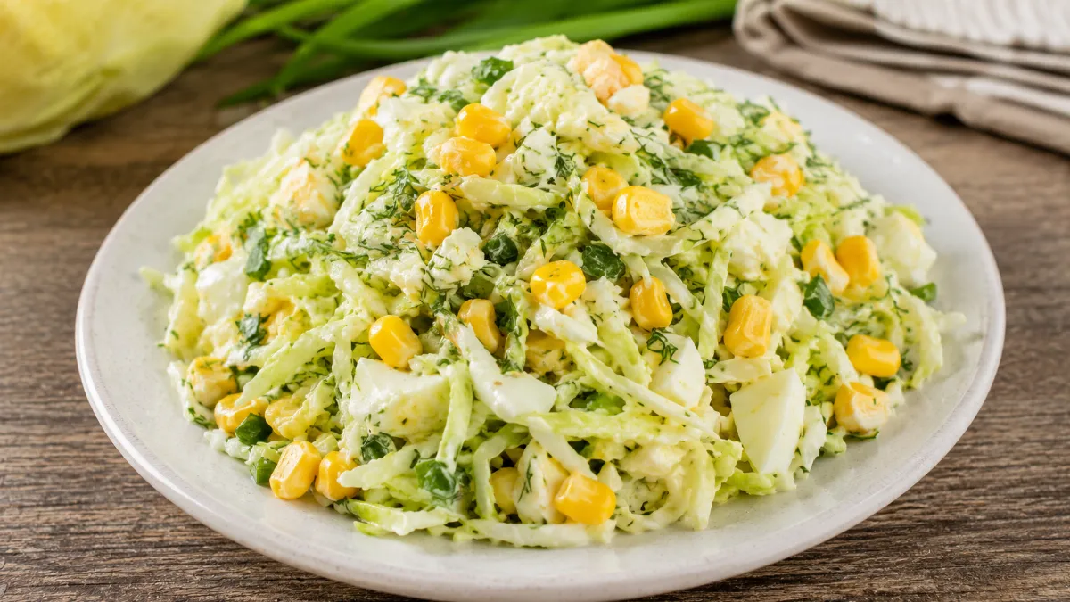 Быстрый салат на обед: хрустящая капуста, нежные яйца и сладкая кукуруза — идеальное трио в одной тарелке