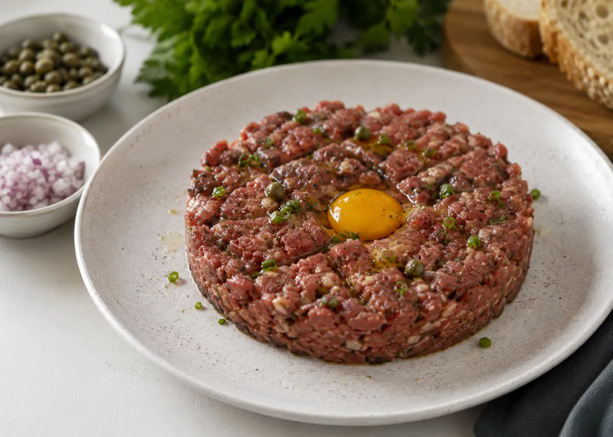 Настоящий мужской ужин: бифштекс по‑татарски. Рубленое мясо, желток, горчица — просто и невероятно вкусно
