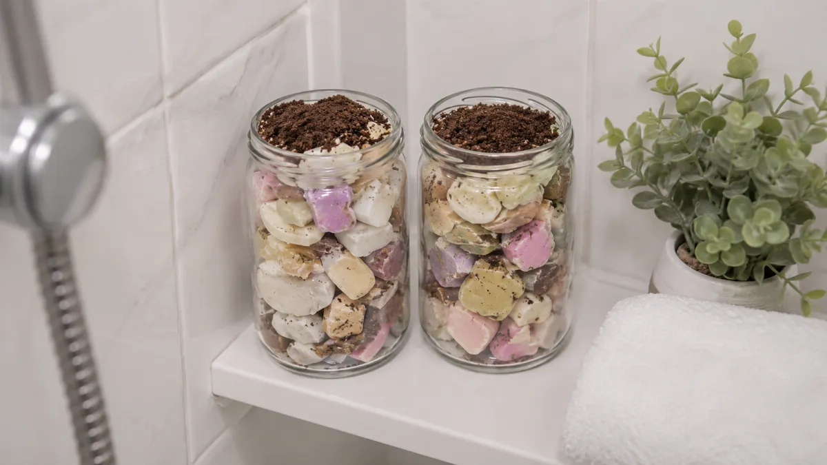Засыпаю обмылки кофейным жмыхом — бодрящий эффект на весь день: полезную штуку храню в ванной