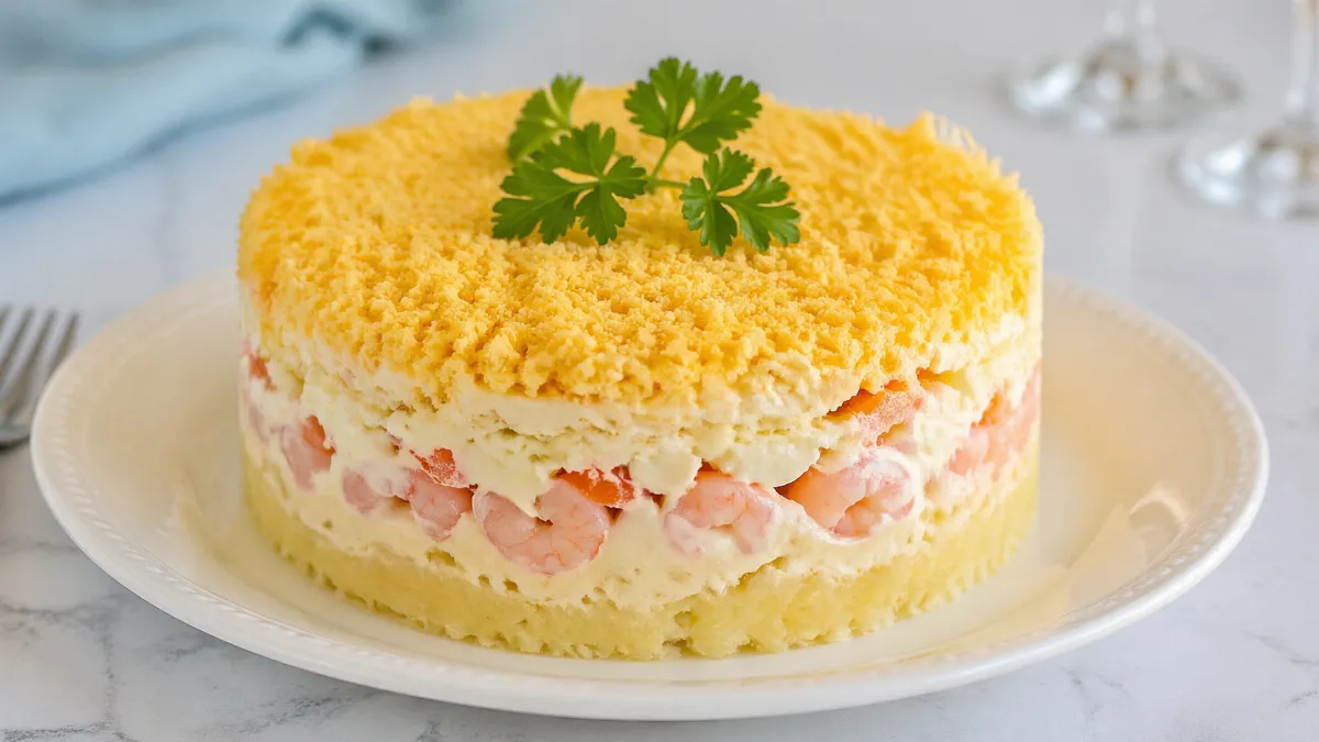 Праздничная «Мимоза» с креветками и картофелем: красивая, вкусная, необычная. Готовится несложно, а выглядит как из ресторана