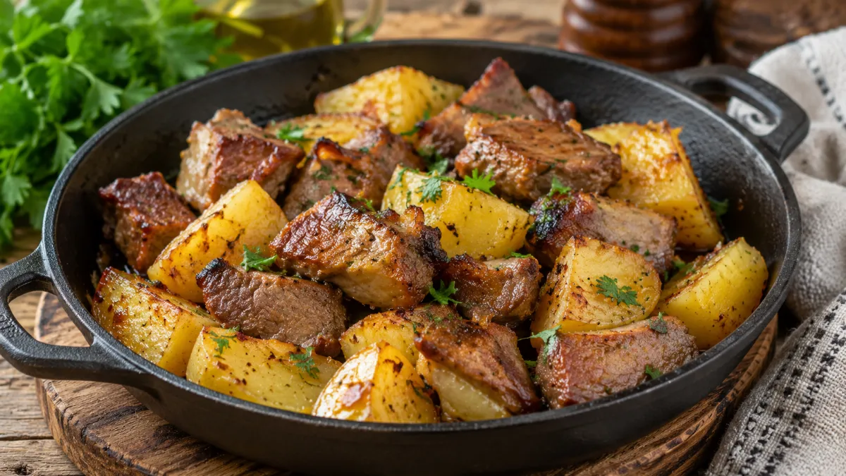 Сытный обед без хлопот: жаркое по‑деревенски с нежнейшим мясом и овощами, томлёнными до совершенства — простой рецепт для всей семьи