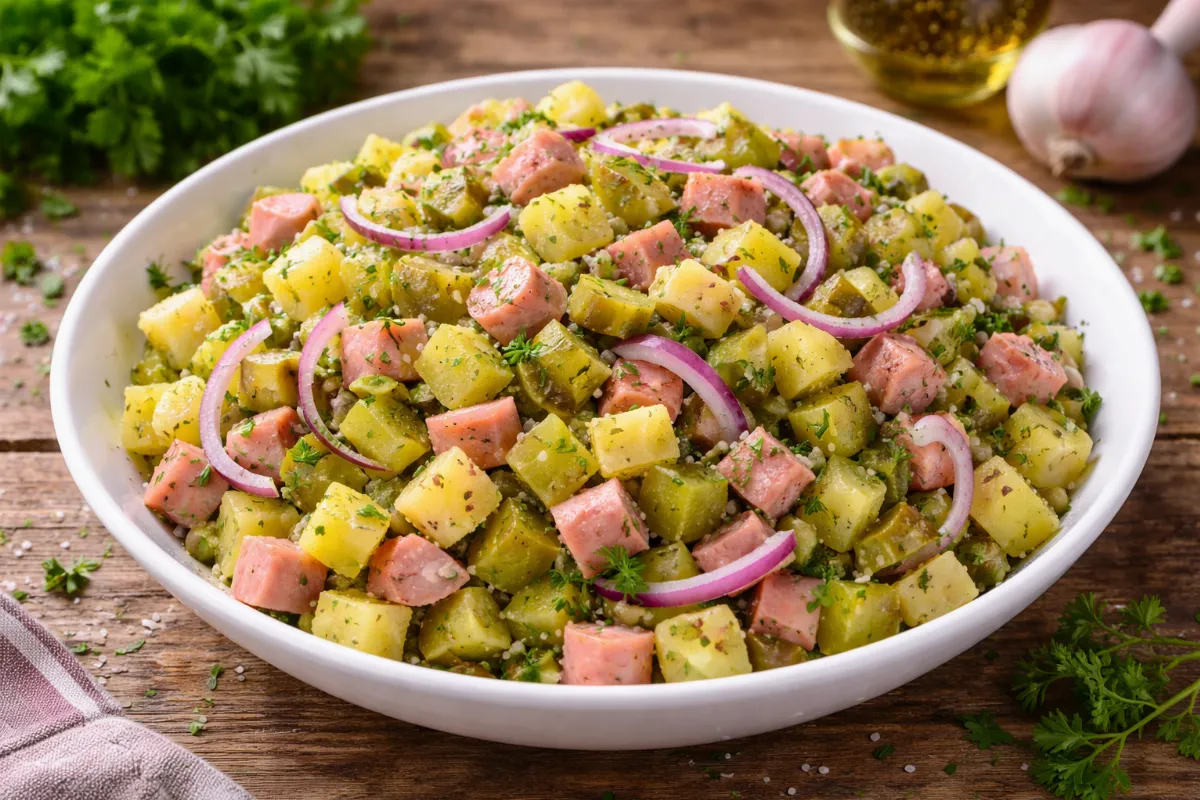 Вкуснее, чем жареная картошка с сосисками: этот сытный салат заменит полноценный обед — настоящий хит за 15 минут