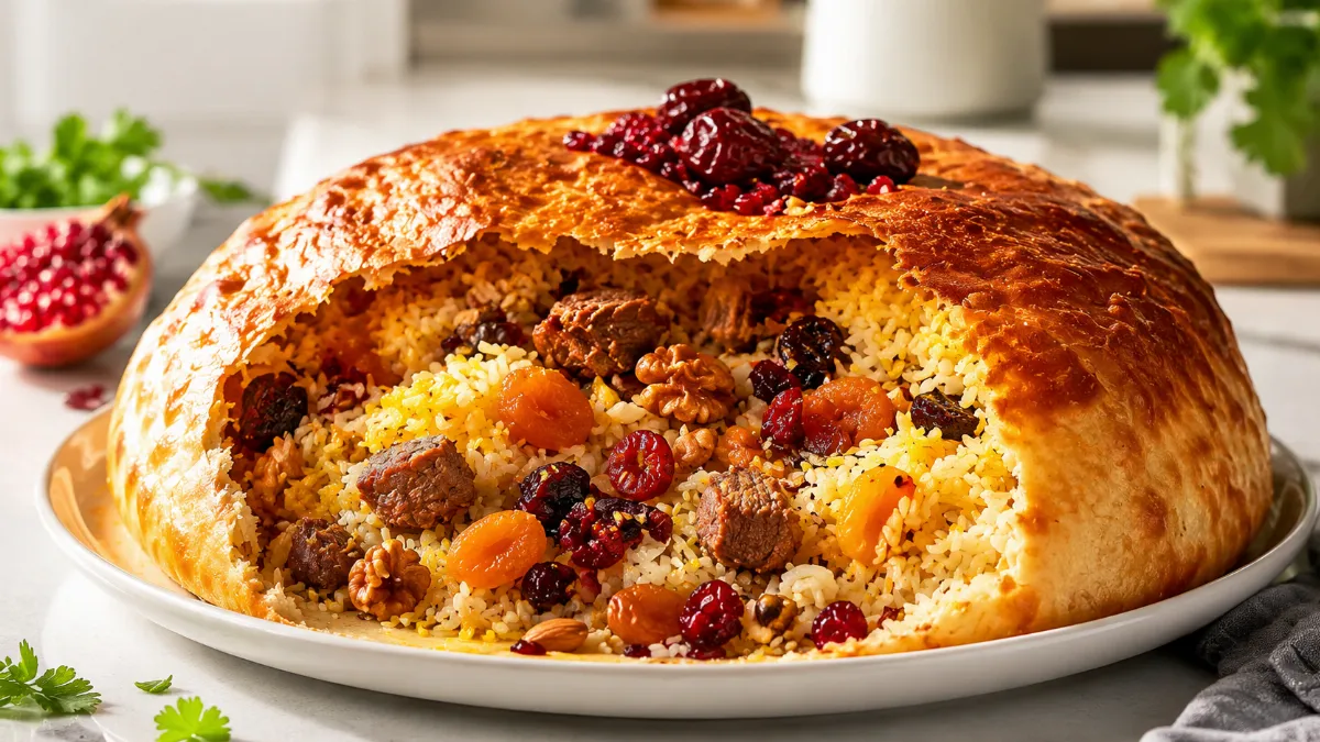 Шах-плов по-азербайджански. Выглядит как торт, а по вкусу — восточная сказка: говядина, рис и сухофрукты под лавашом