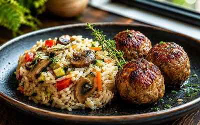 Ужин-выручалочка: готовим ароматный рис с шампиньонами и мясными тефтелями в одной сковороде