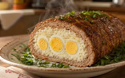 Ресторанный обед за час: готовим сочный мясной рулет с рисом и яйцами для большой компании