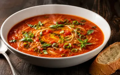Когда в кармане пусто, а хочется вкусно: готовим бюджетный томатный суп с вермишелью и зелёным луком