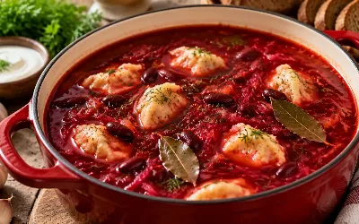 Красный борщ с галушками и фасолью готовлю так: родные съедают до последней ложки быстрее мясных щей