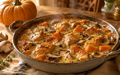 Вкусный осенний ужин на одной сковороде: готовим сочную курицу с тыквой и грибами в нежном соусе