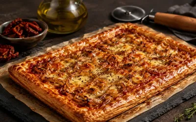 Экономим со вкусом: рецепт бюджетного слоёного тарта с луком и томатным соусом для всей семьи