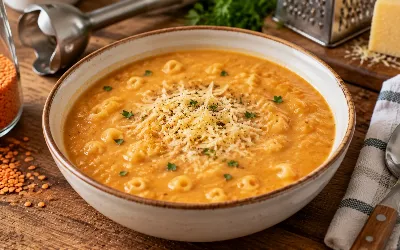Вместо лапши и борща — суп-пюре из чечевицы с макаронами и сыром: семья съедает три тарелки, и второго не надо