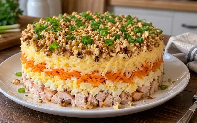 Праздничные салаты не готовлю по старинке: беру кулинарное кольцо и собираю «Медвежью шубку» — вкуснее «Оливье» и крабового