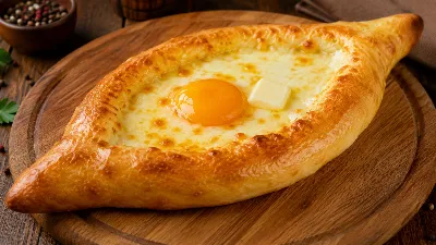 Почувствуйте вкус Грузии: приготовьте ароматные хачапури по‑аджарски — хрустящая корочка, расплавленный сыр и жидкое яйцо в идеальной хлебной лодочке