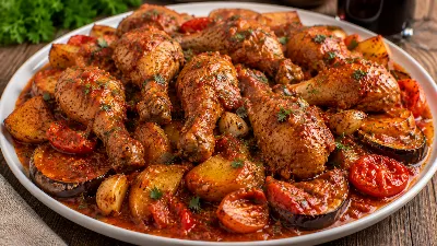 Не просто курица, а курица Мельбурн. Сочная, в ароматном винно‑томатном соусе — блюдо, достойное меню ресторана