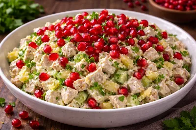 Порадуйте себя чем‑то особенным: салат с гранатом и курицей подарит взрыв вкусовых ощущений. Эффектно выглядит, легко готовится и тает во рту