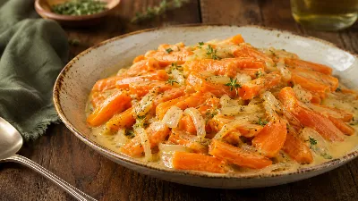 Нежная, словно шёлк: морковь, тушённая с луком и сливками, буквально тает во рту — пряный лук раскрывает глубину вкуса, а сливки делают текстуру невероятно приятной