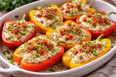 Ароматные перцы с сюрпризом: быстрый ужин с необычным вкусом. Хрустящий бекон и нежная начинка — отличный выбор для веселого вечера