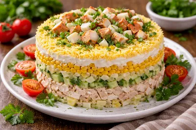 Праздник вкуса в тарелке: слоеный салат с копченой курицей. Просто, сытно и красиво — идеальный салат для праздников