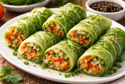 Вкусный рецепт для здорового питания: капустные роллы с овощами и рисом. Легко в готовке, свежо и очень аппетитно