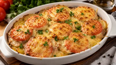 Мясо по‑французски: классика домашней кухни с новым вкусом — картофель и помидоры делают его ещё сочнее и аппетитнее