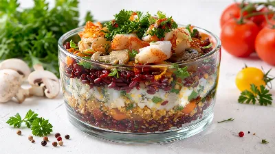 Крабовый салат по-новому: выглядит как торт, а готовится из простых продуктов — сытный, красивый, вкусный