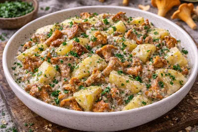 Картофель с лисичками в сметане — простое в приготовлении, но невероятно вкусное блюдо, идеальное для семейного обеда