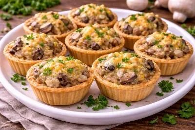 Хрустящие тарталетки с нежной начинкой: курица, грибы и сыр. Быстрый рецепт эффектной закуски — превосходны для праздничного застолья