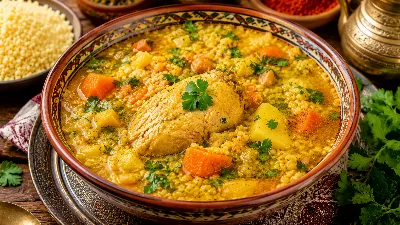 Марокканский куриный суп с кускусом — пряный, сытный и невероятно ароматный. Приятный обед с ноткой экзотики