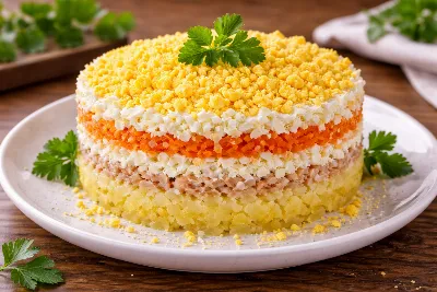 Праздничный хит без лишних хлопот: салат „Мимоза“. Прост в готовке, вкусен, и выглядит по‑королевски