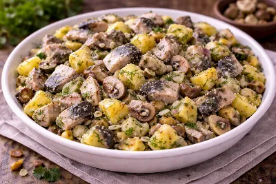 Картофельный салат с селедкой и грибами — гармония вкусов на вашем столе. Пикантная селедка, нежные грибы, мягкая картошка: идеальное сочетание