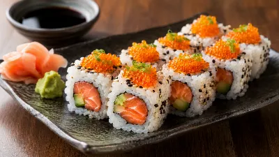 Сочные, стильные, невероятно вкусные: урамаки с сёмгой и икрой мойвы радуют глаз и покоряют вкусовые рецепторы — идеальный выбор для спонтанного праздника