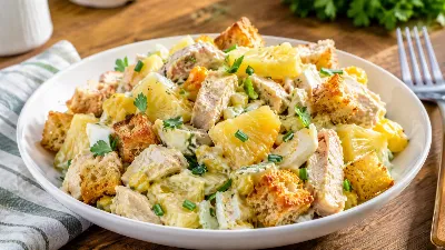Сочный, яркий, невероятно аппетитный: хрустящий салат с курицей, ананасами объединяет неожиданные вкусы в идеальную композицию — один кусочек, и вы уже в восторге