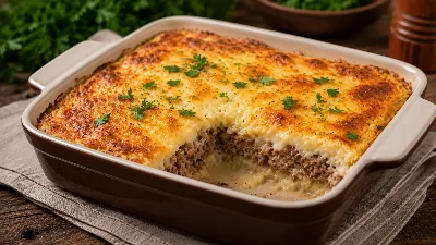 Порадуйте близких сытной запеканкой с мясом и сыром. Золотистая корочка, нежный сыр, сочное мясо — идеальный ужин