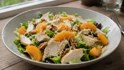 Яркий вкус для праздника и будней: готовим легкий салат с куриным филе и консервированными персиками