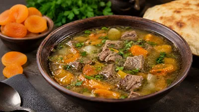 Такой гармоничный дуэт вкусов бывает редко: говядина даёт насыщенность, курага сладкую нотку — этот суп хочется есть без остановки