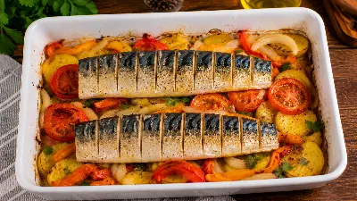 Легкий ужин с пользой: готовим скумбрию в духовке с овощами. Простота и вкус в одном блюде