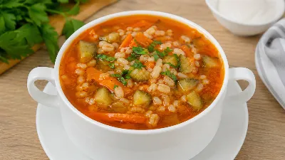 Рассольник по‑домашнему: томат, перловка и солёные огурцы. Вкус, знакомый с детства, но с новым ярким акцентом
