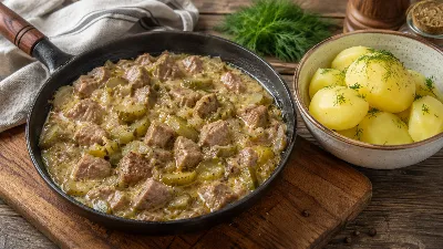 Вместо гуляша готовлю нежное мясо по-самарски: добавляю солёные огурцы и сметану — говядина тает во рту