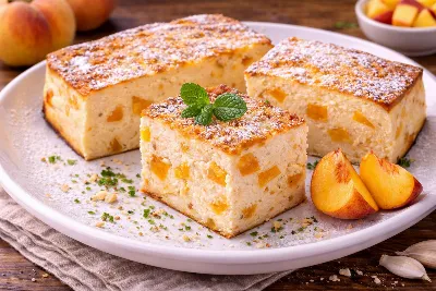 Нежная творожная запеканка с сочными персиками: рецепт десерта, который подарит радость всей семье