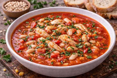 Томатный суп с фасолью и курицей: блюдо, которое согреет и насытит. Легкий в приготовлении, богатый белком — идеальный выбор на обед