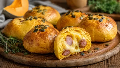 Золотая корочка, мягкий мякиш и сюрприз внутри: в этих тыквенных булочках сладость тыквы и солёность начинки играют в идеальной гармонии