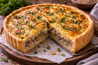 Французский пирог по‑русски: готовим киш с фаршем и картошкой. Нежная заливка, песочная основа и сочная начинка — семья будет в восторге