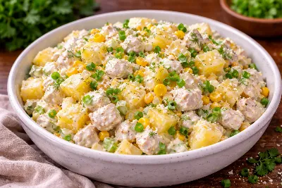 Праздничный салат без хлопот: курица и ананасы в идеальном дуэте. Сочный, гармоничный, с приятной сладостью — готовьте и удивляйте гостей