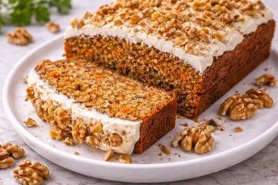 Сочный морковный кекс с хрустящими орехами — идеальное дополнение к чаю. Простой рецепт для уютного вечера: вкусно так, что пальчики оближешь 