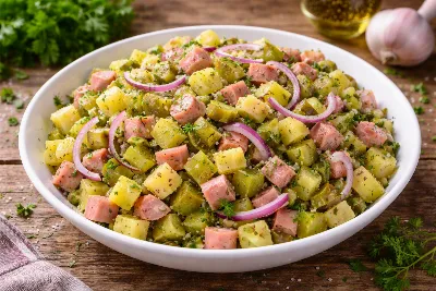 Вкуснее, чем жареная картошка с сосисками: этот сытный салат заменит полноценный обед — настоящий хит за 15 минут