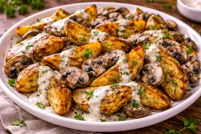 Запеченная картошка с грибами и сметанным соусом: аромат, который соберет всех за столом. Простой рецепт для семейного обеда