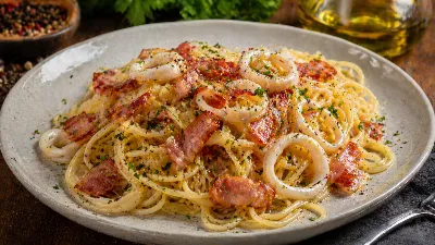 Сытные спагетти с кальмаром и беконом — ресторанный шик на вашем столе. Морепродукты и копчености создают неповторимый вкус: рецепт