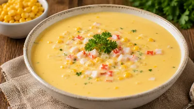 Крем‑суп по‑новому: кукуруза и крабовые палочки в идеальном союзе. Нежный и бархатистый — ваш обед заиграет новыми красками