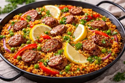 Паэлья с колбасками — легко, ярко, со вкусом. Никаких сложных ингредиентов: всего 30 минут — и на столе блюдо, достойное ресторана
