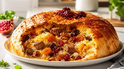 Шах-плов по-азербайджански. Выглядит как торт, а по вкусу — восточная сказка: говядина, рис и сухофрукты под лавашом